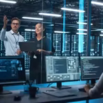 IT professionals discussing server infrastructure in a high-tech data center, viewed from behind a glass wall with multiple monitors displaying code.